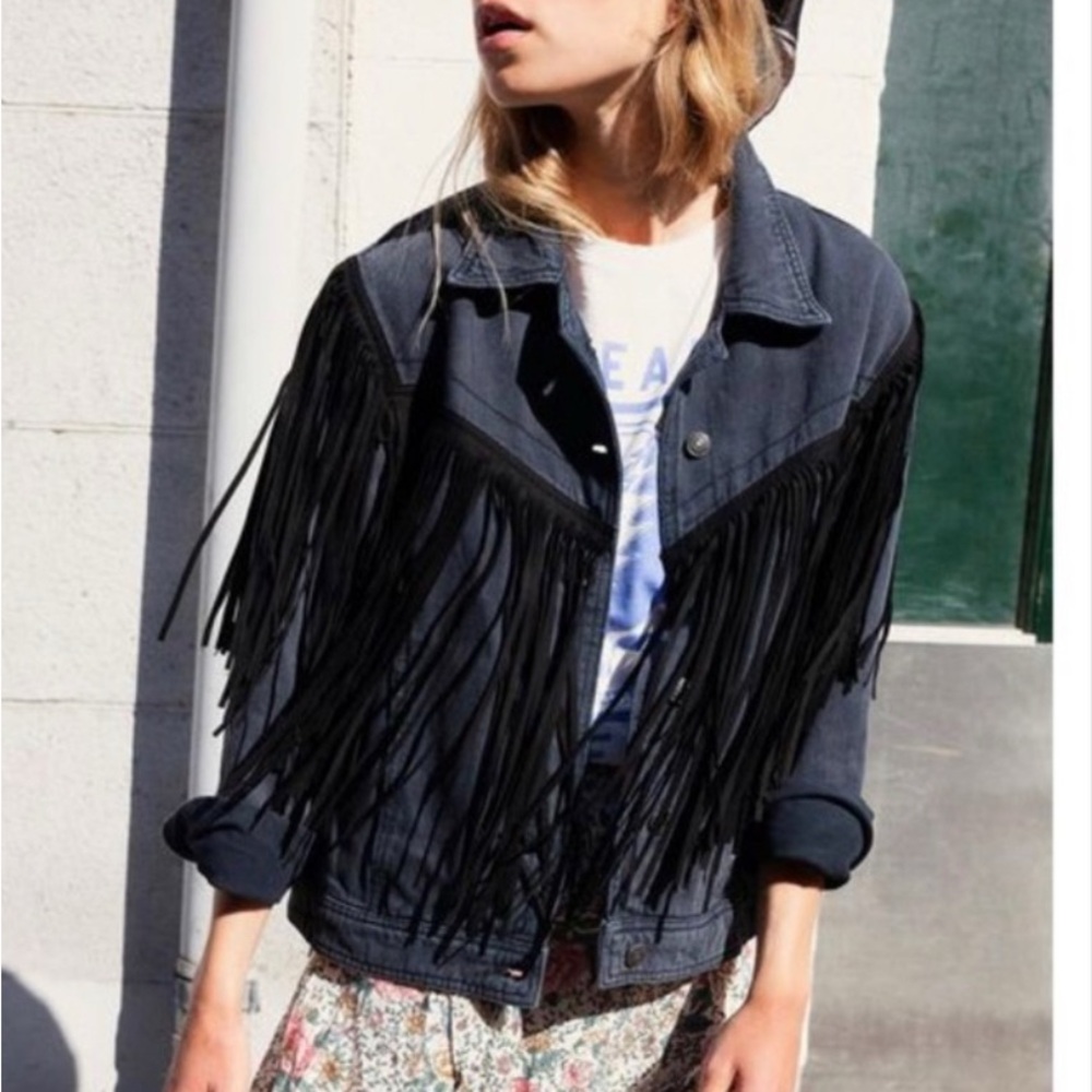 We the Free Black Fringe Denim Jacket